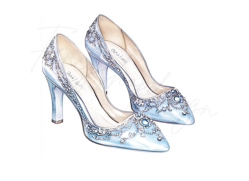 Elegant Blue Rhinestone Wedding Shoes Clipart Bundle