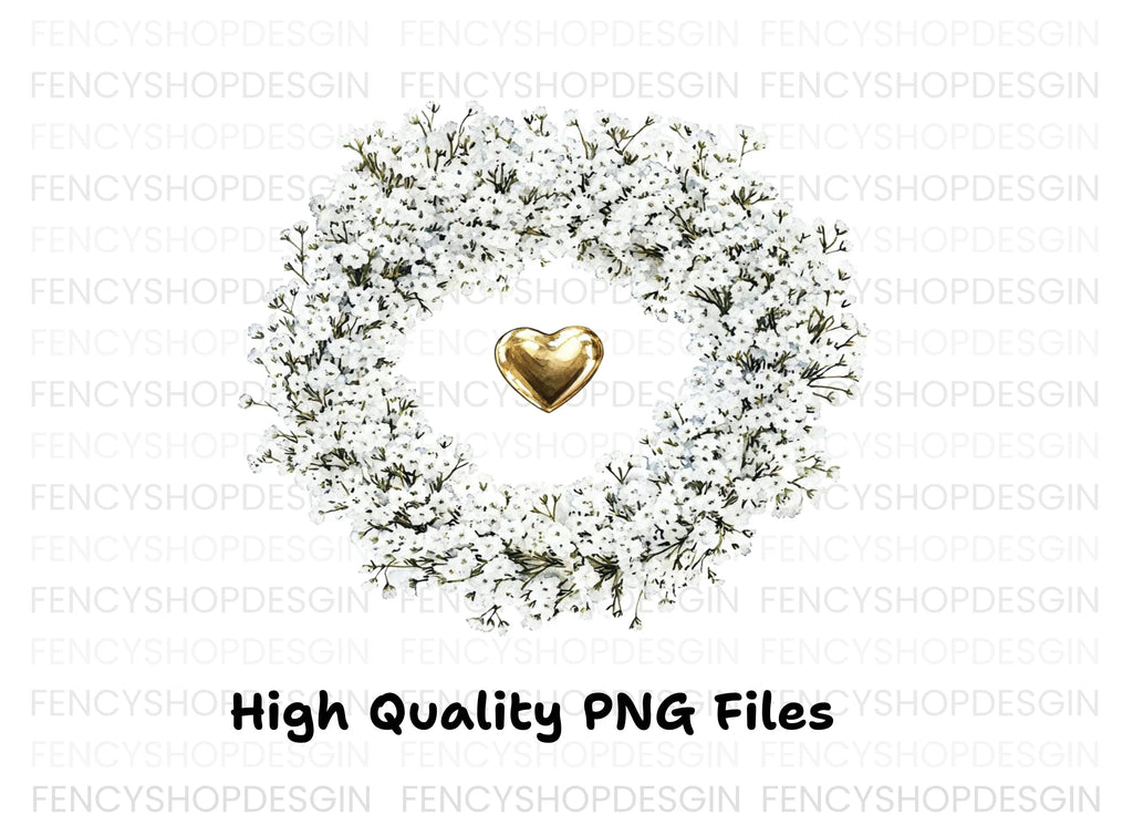 Baby Breath Wreath Gold Heart Clipart Bundle