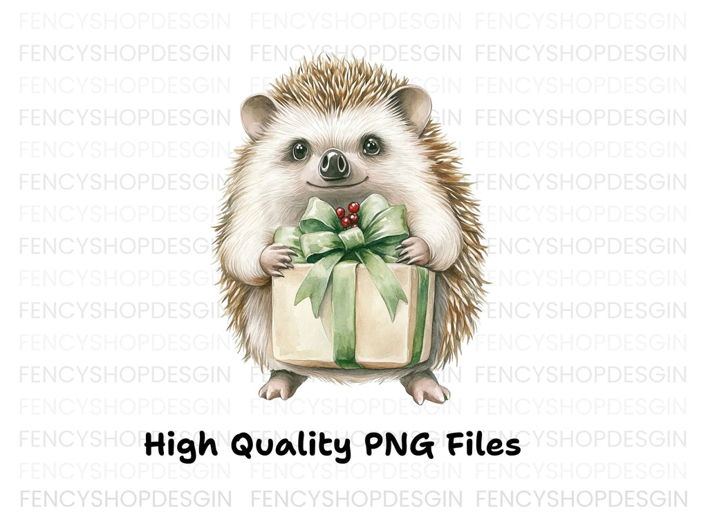Hedgehog with Green Gift Box Clipart Bundle
