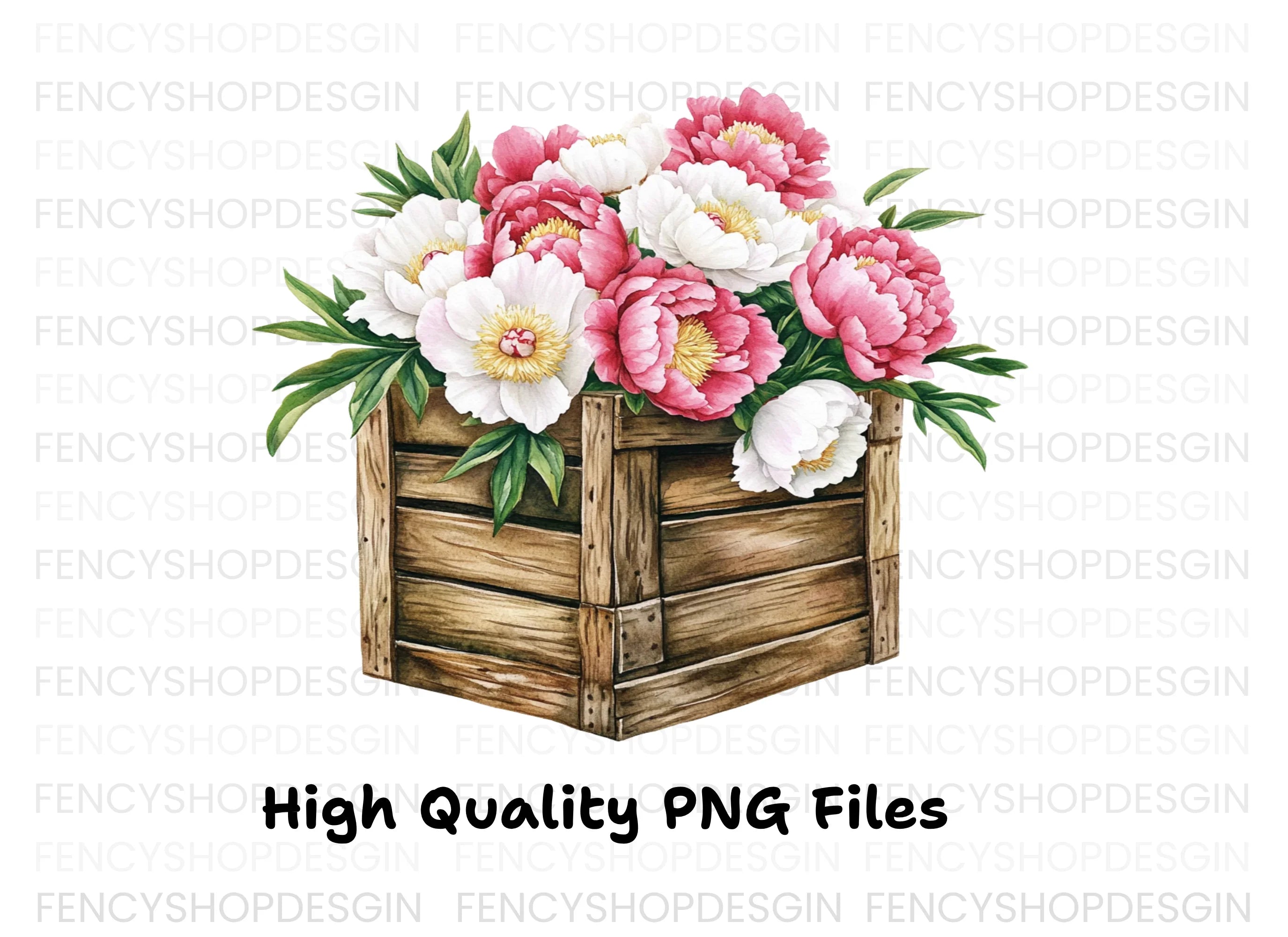 Peony Bouquets in Rustic Wooden Crates Clipart Bundle