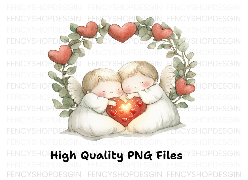 Cute Angel Couple with Heart Wreath Clipart Bundle