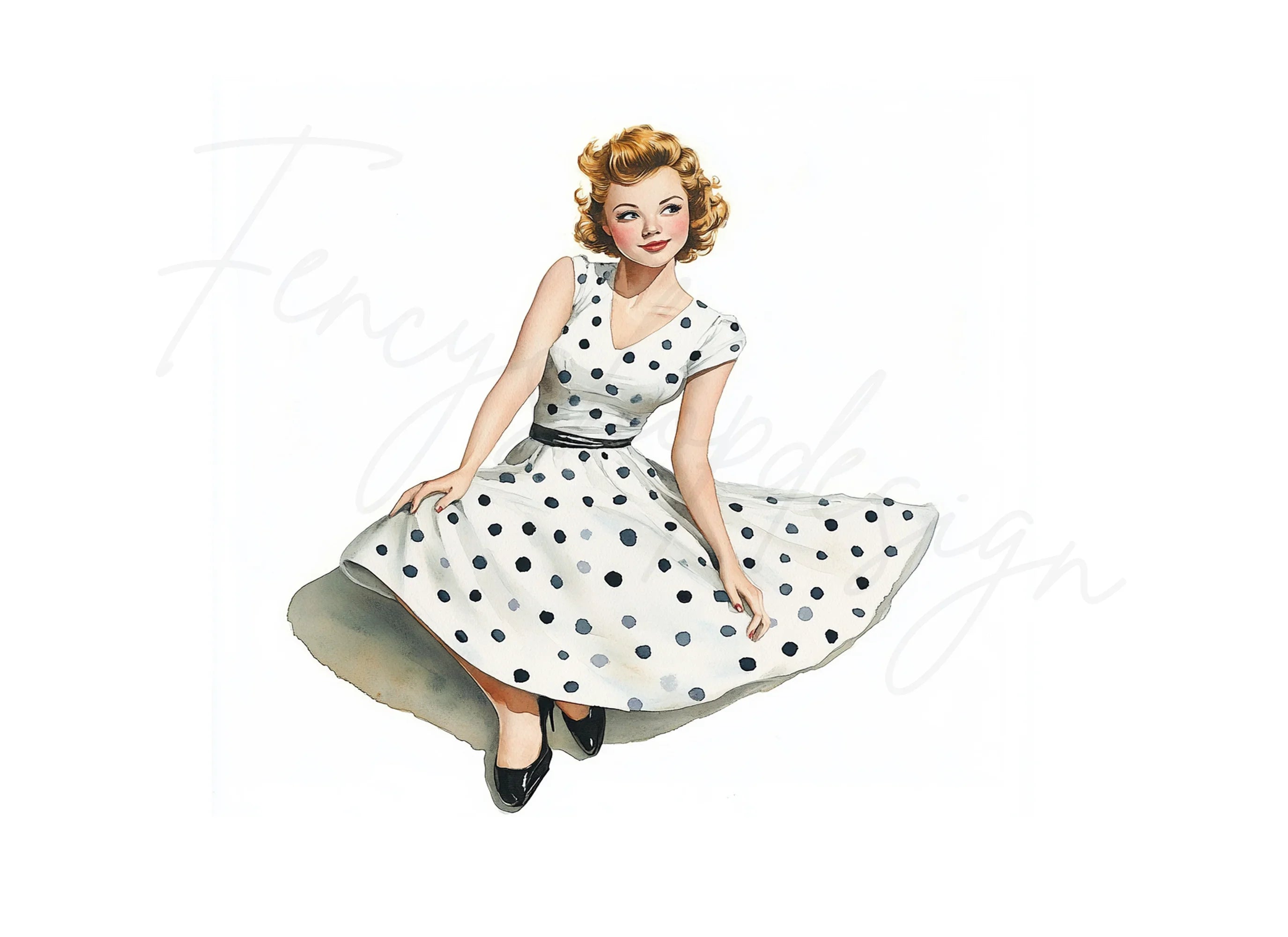 Retro 50s Polka Dot Dress Woman Clipart Bundle