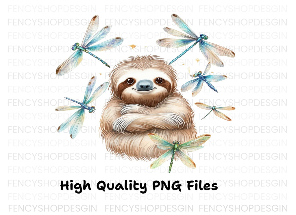 Happy Sloth with Dragonflies Clipart Bundle