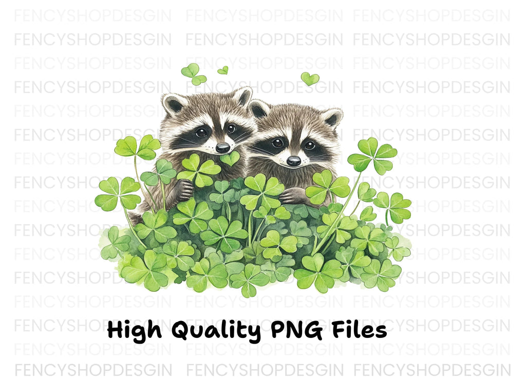 Cute Raccoons in Lucky Clover Clipart Bundle
