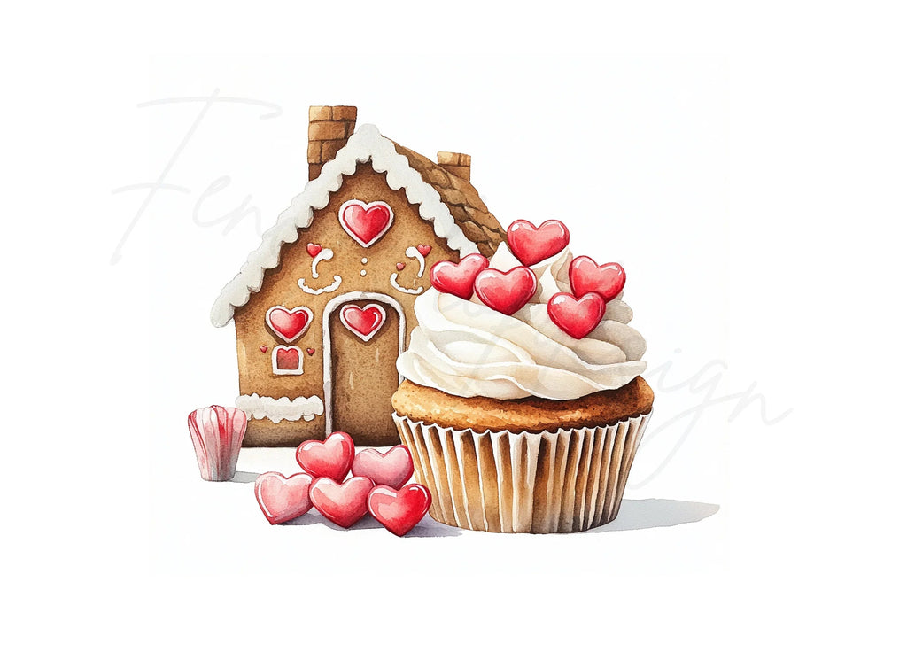 Valentine Gingerbread House Cupcakes Clipart Bundle