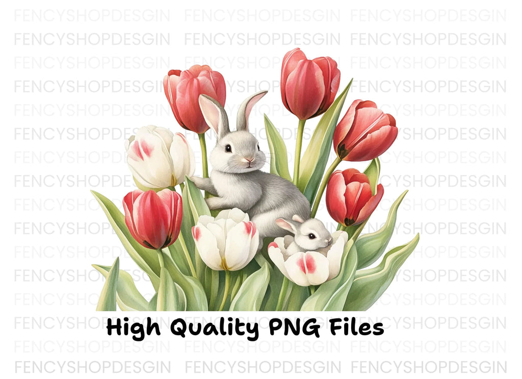 Baby Bunnies in Tulip Garden Clipart Bundle