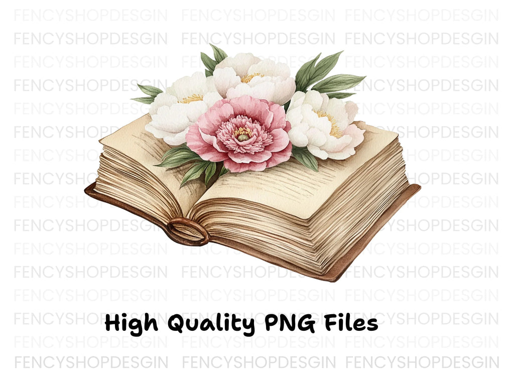 Vintage Books and Peony Flowers Clipart Bundle