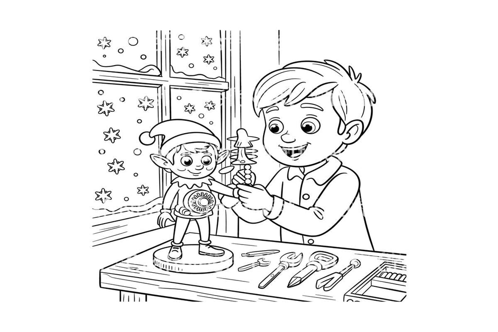 Christmas Elf and Boy Building Toy Coloring Books