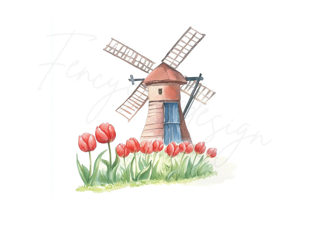 Dutch Windmills and Red Tulips Clipart Bundle