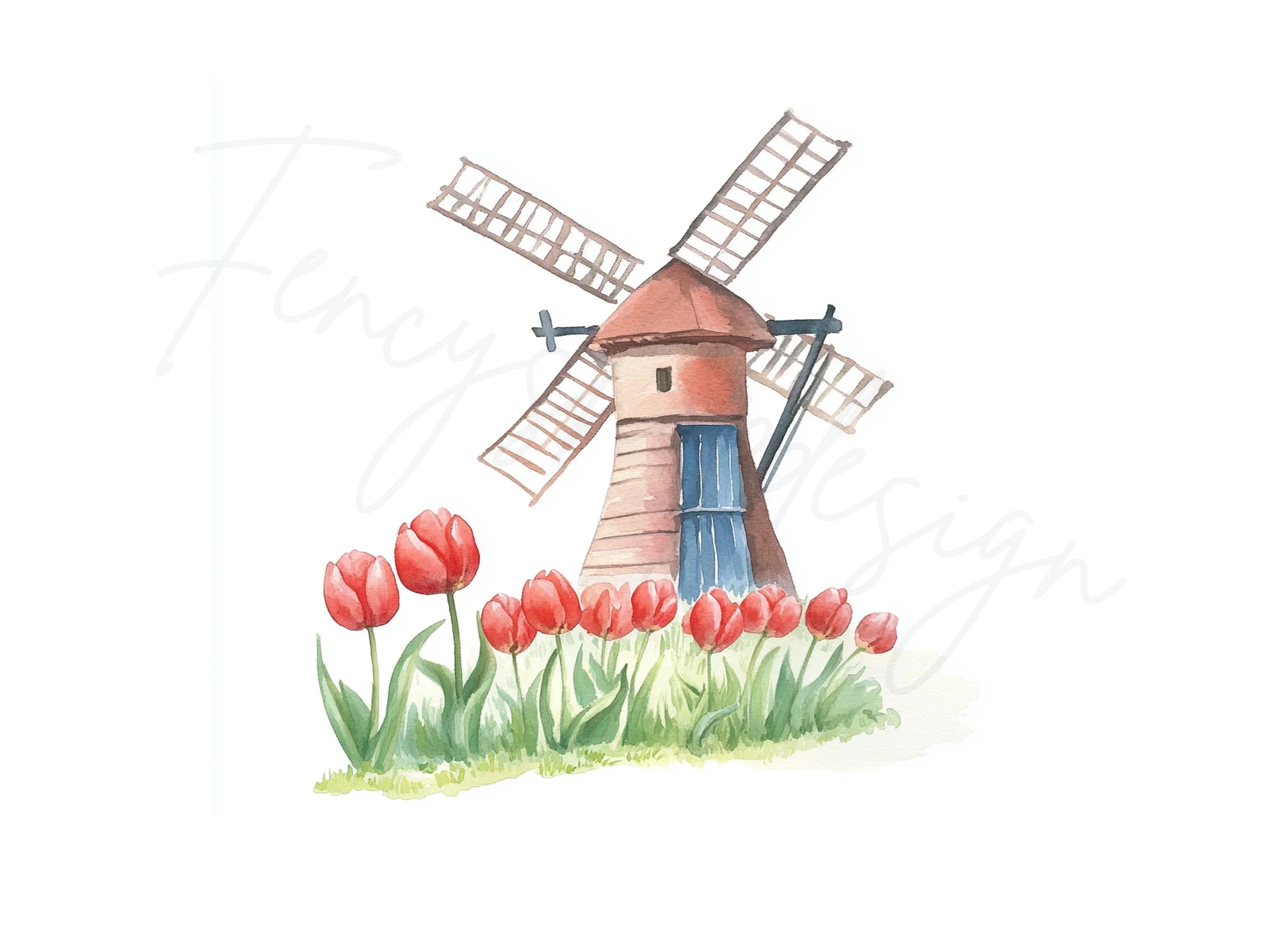 Dutch Windmills and Red Tulips Clipart Bundle