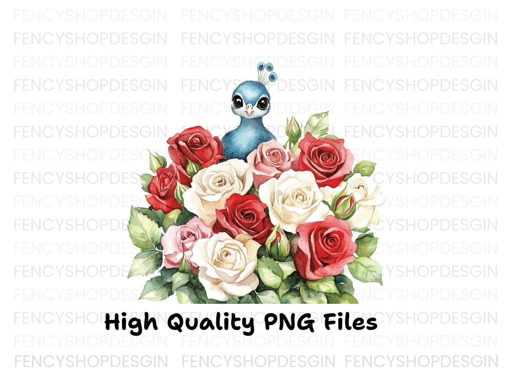 Peacock and Rose Bouquet Clipart Bundle