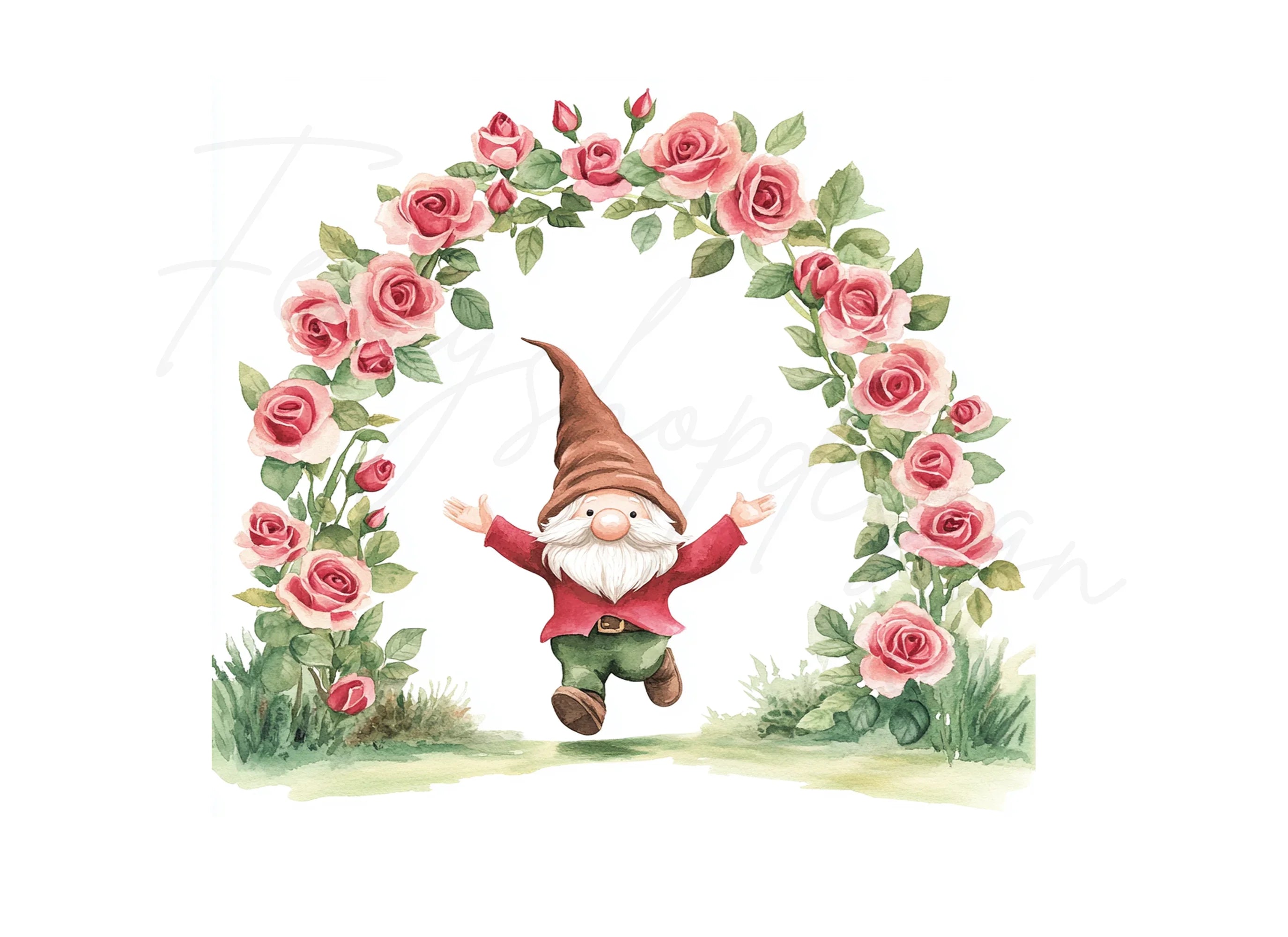 Joyful Gnomes with Rose Arches Clipart Bundle