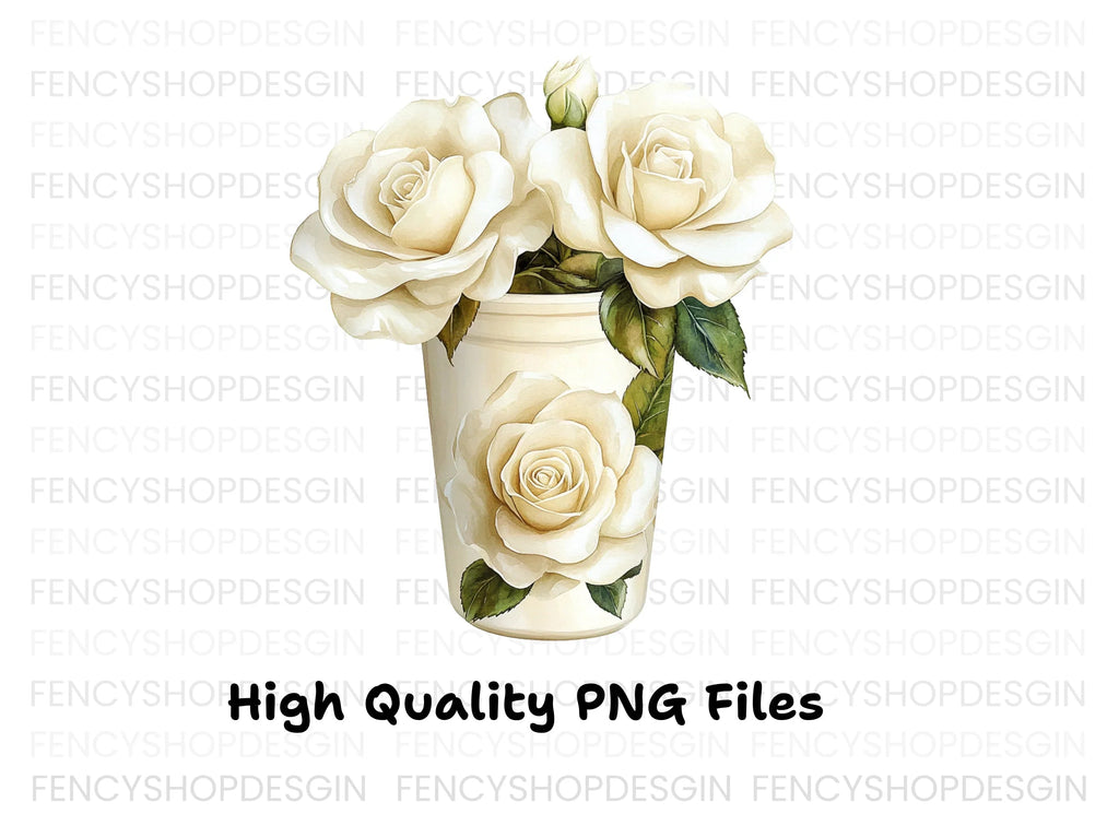 White Rose Vase Illustration Clipart Bundle