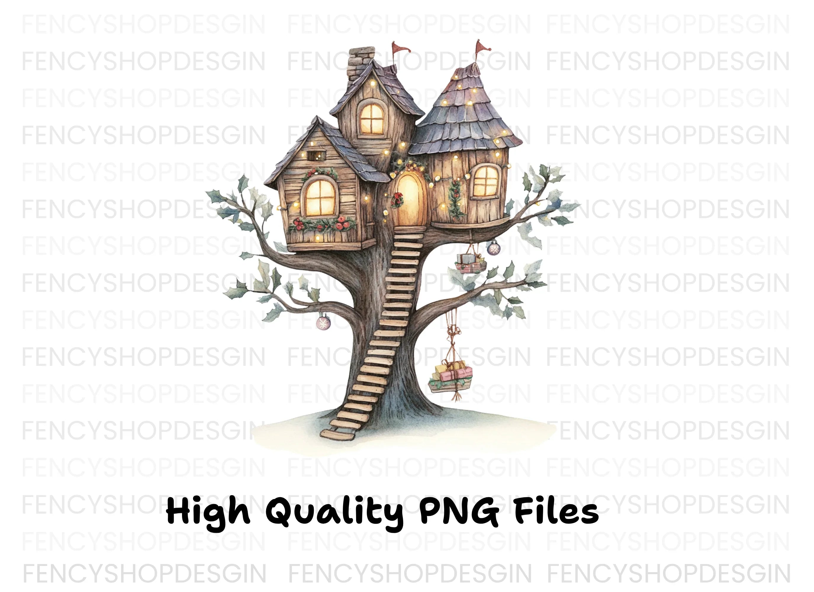 Cozy Christmas Treehouse Clipart Bundle