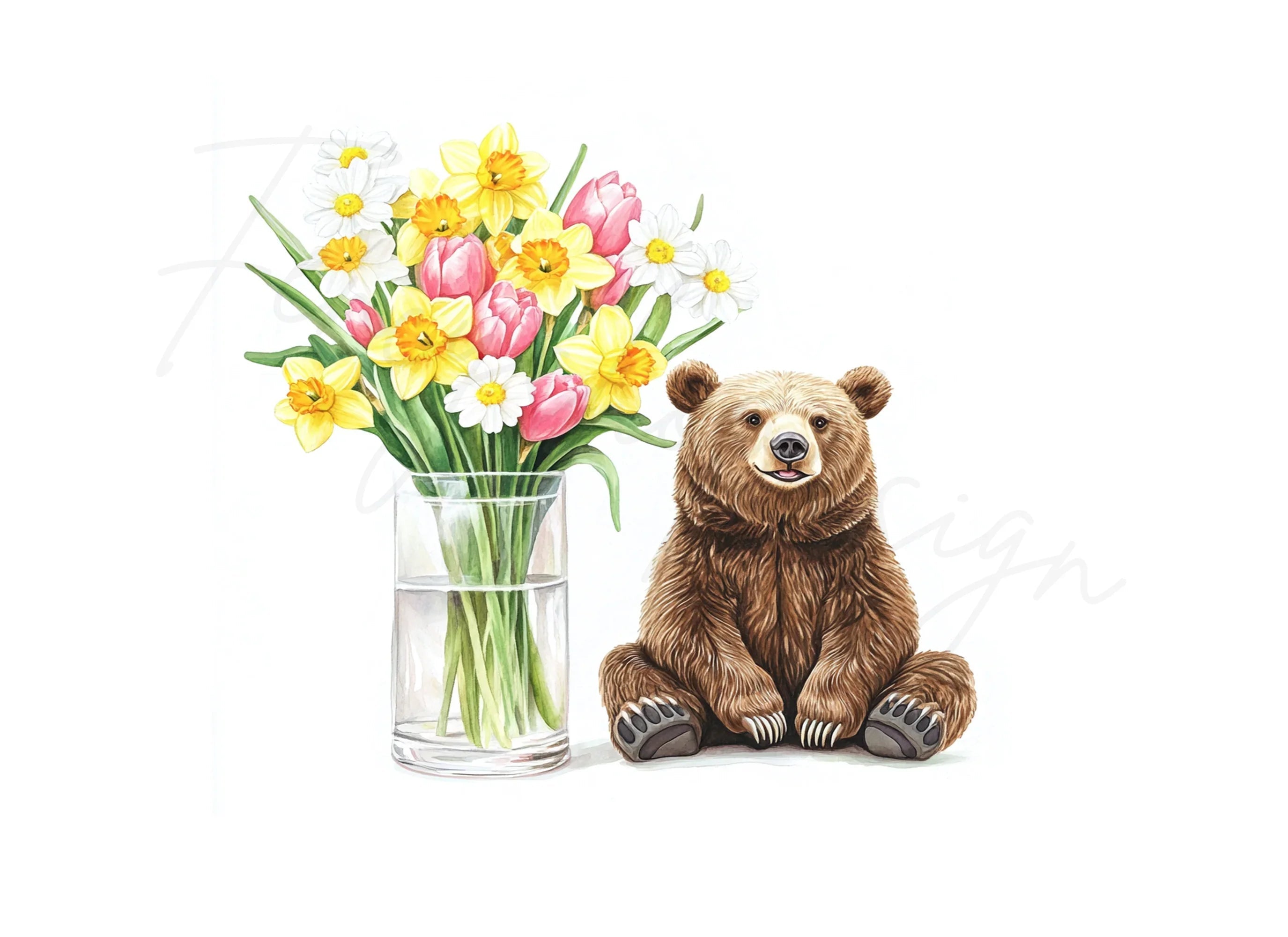 Cute Bears with Spring Flower Bouquets Clipart Bundle