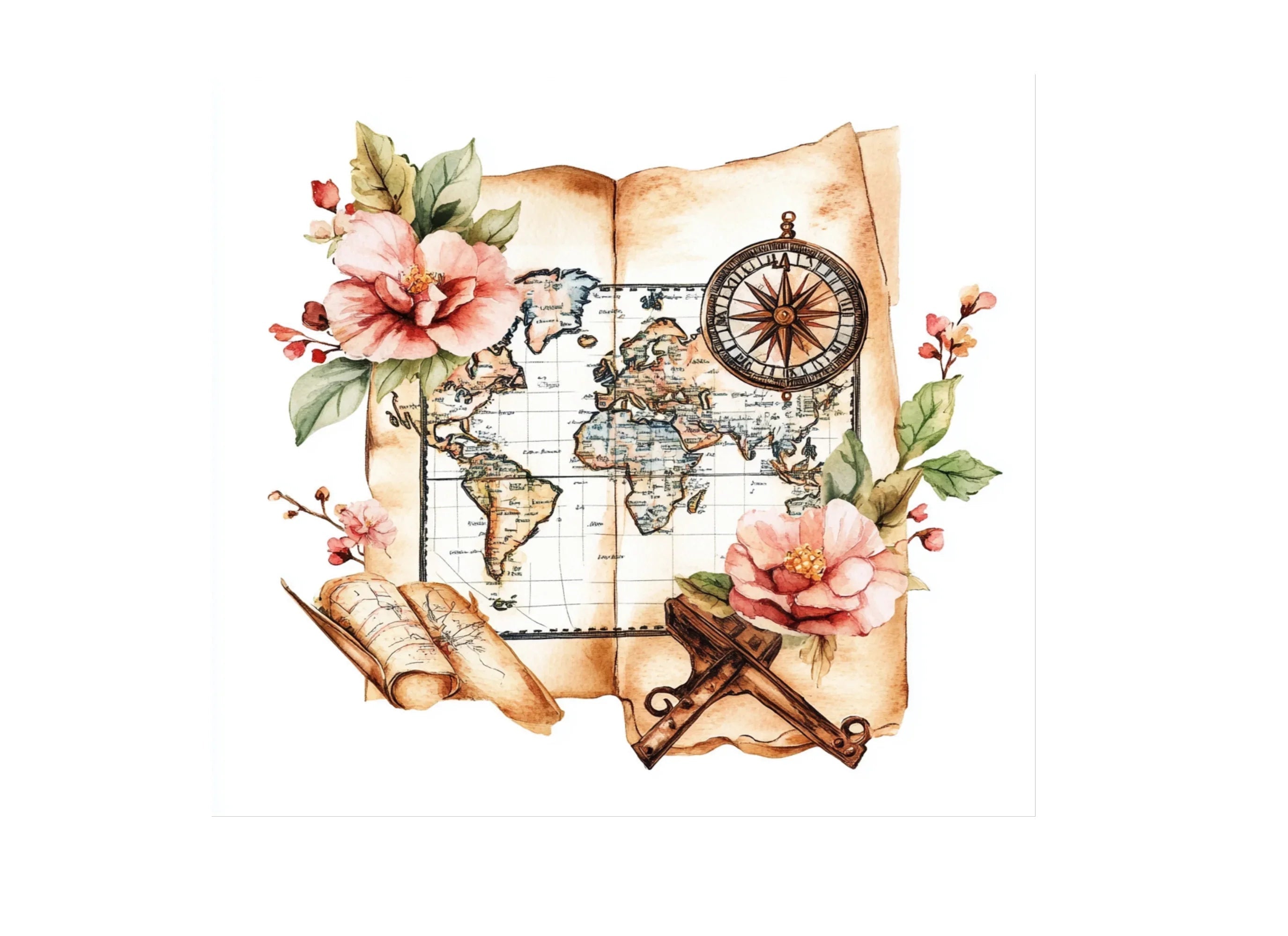 Vintage Floral World Map Clipart Bundle