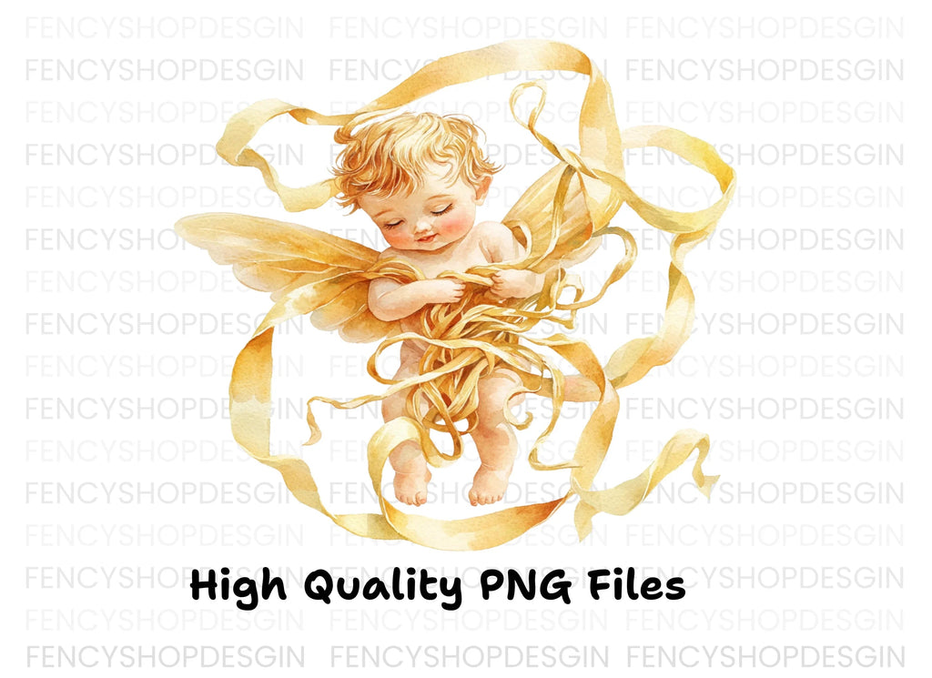 Golden Angel Cherubs with Ribbons Clipart Bundle