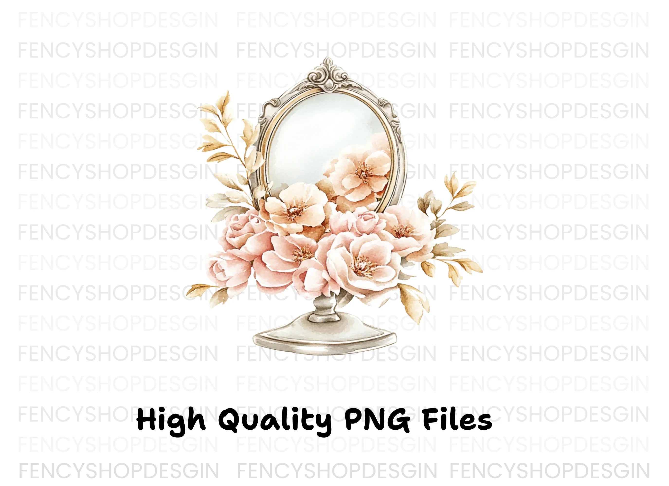 Vintage Mirror with Pink Roses Clipart Bundle