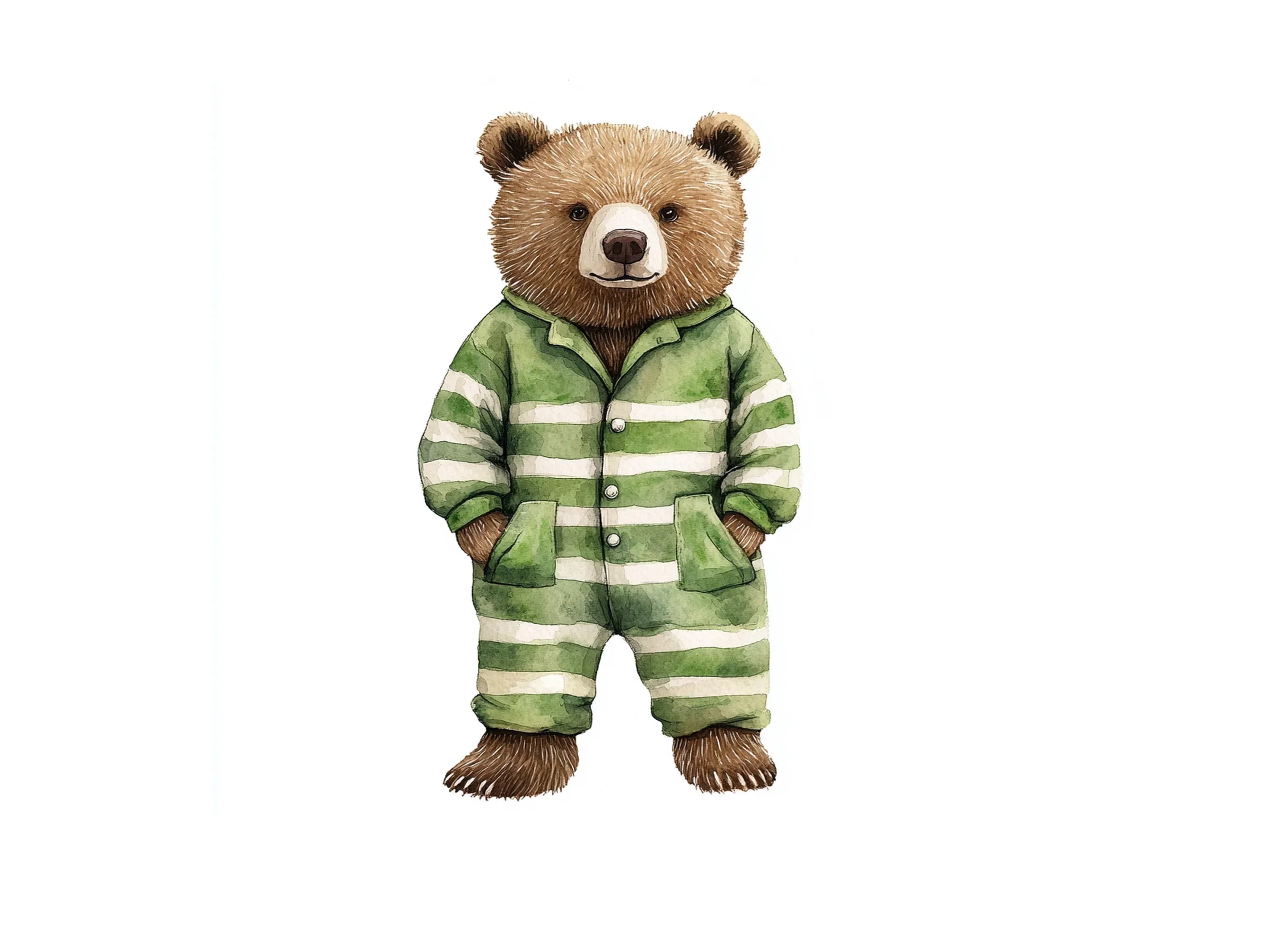 Cute Bear in Green Striped Pajamas Clipart Bundle