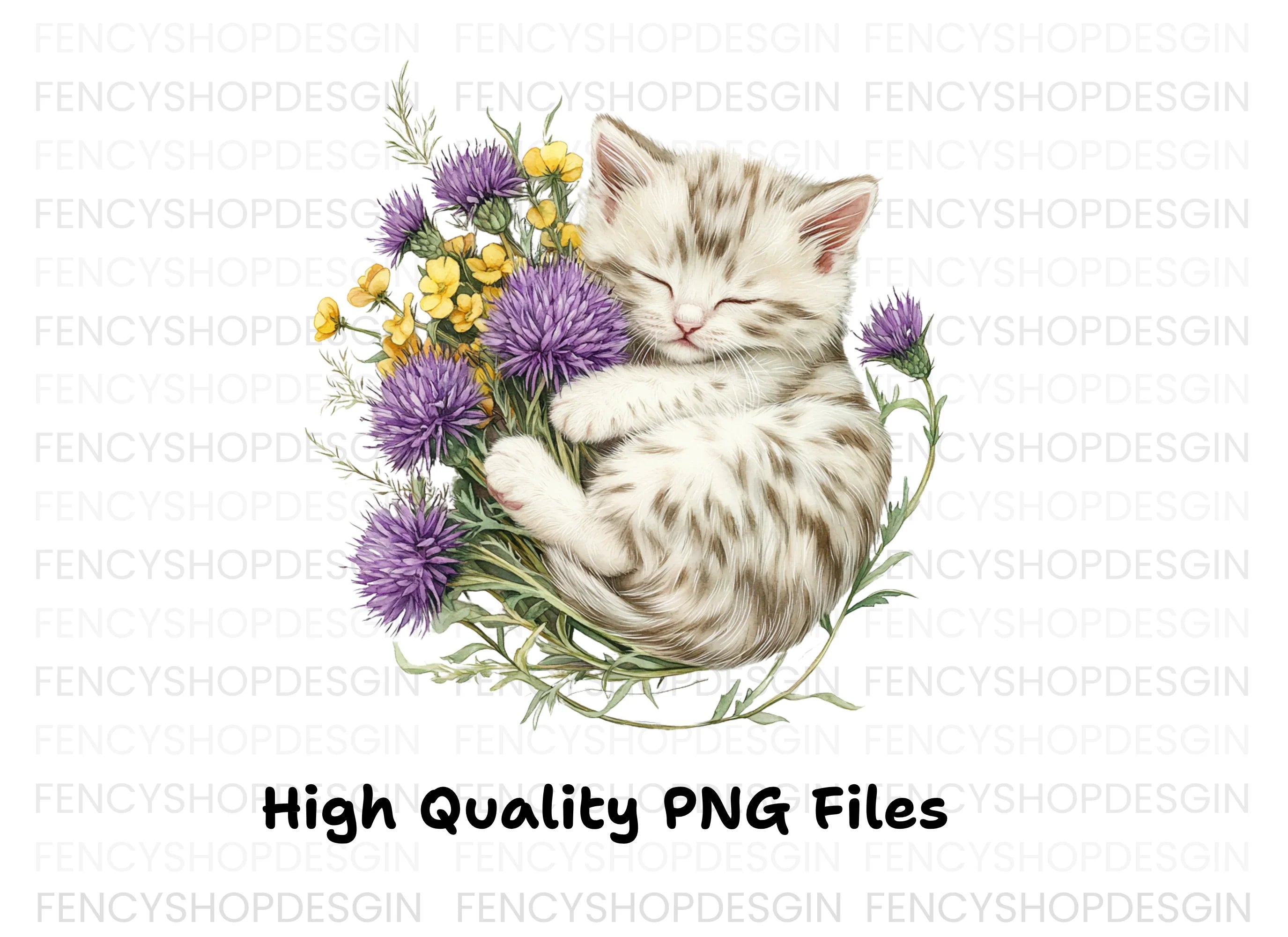 Sleeping Kitten in Wildflower Bouquet Clipart Bundle