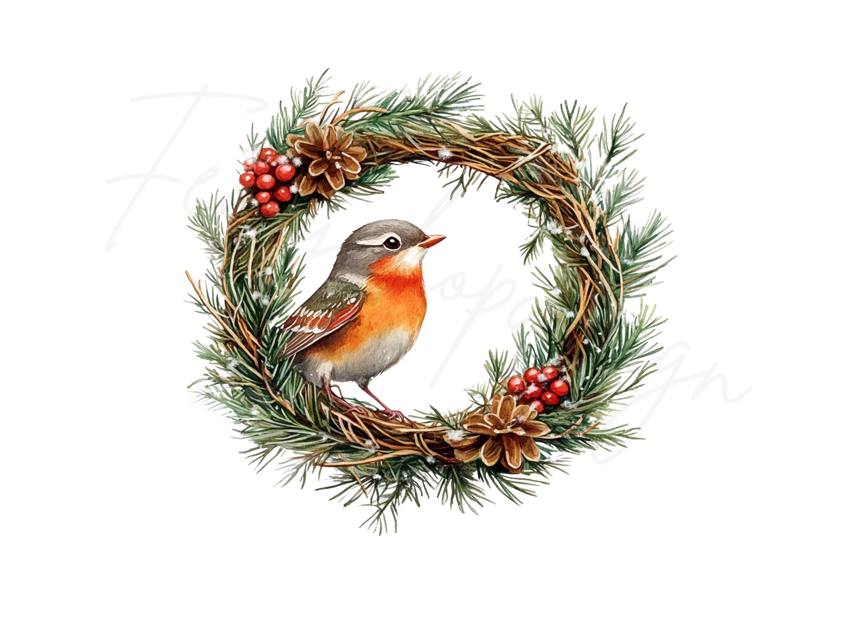 Winter Robin Wreath Clipart Bundle