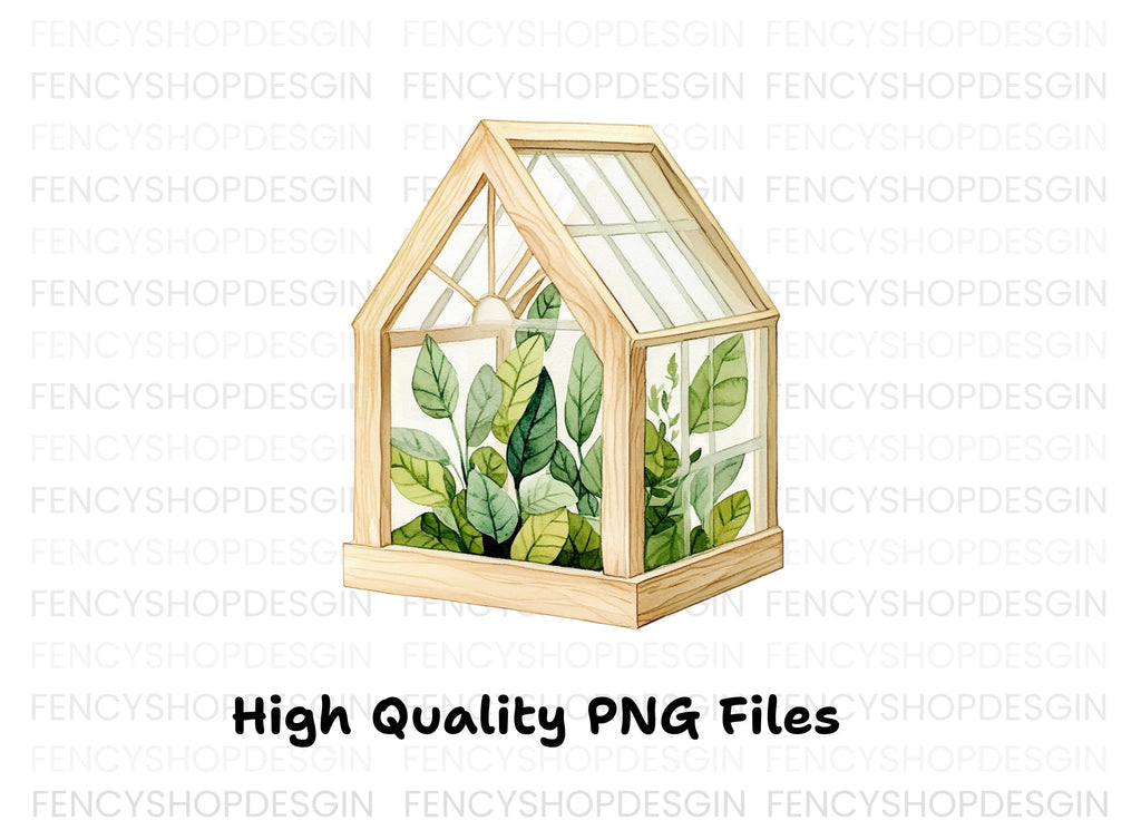 Wooden Greenhouse with Plants Clipart Bundle