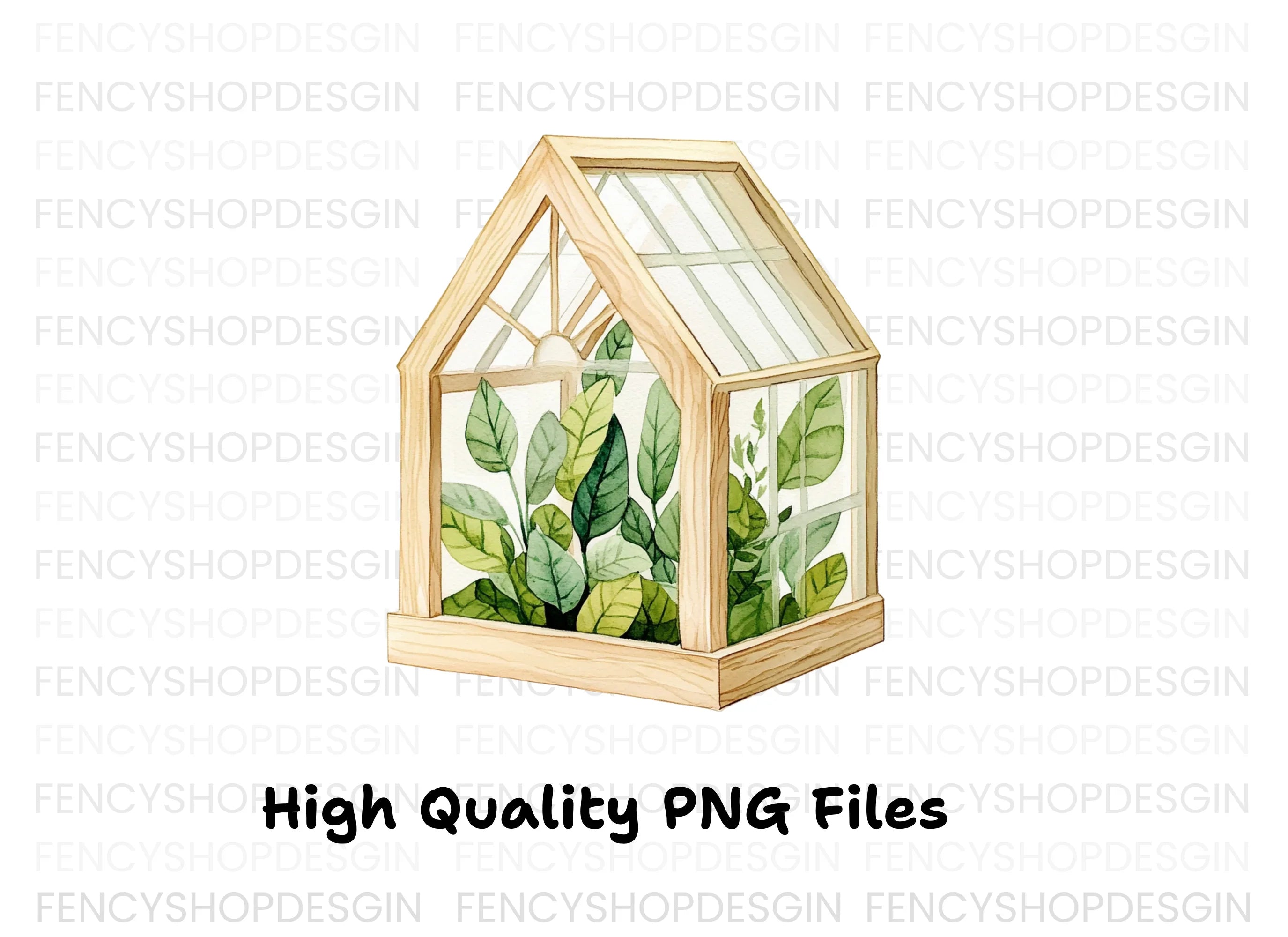 Wooden Greenhouse with Plants Clipart Bundle