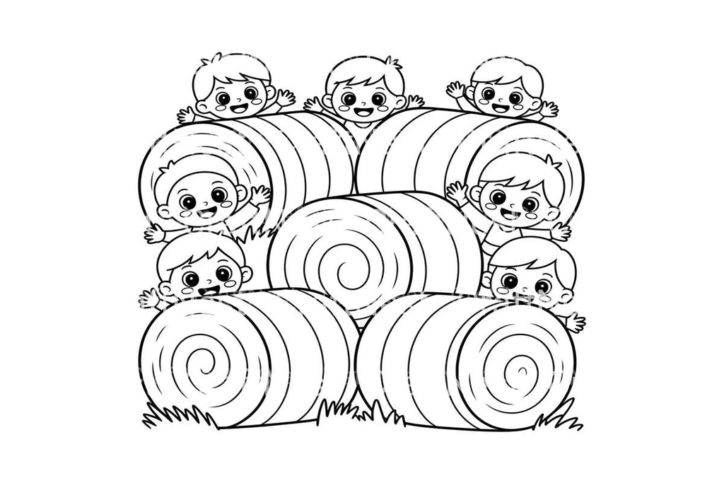 Happy Kids Playing With Hay Bales Coloring Books