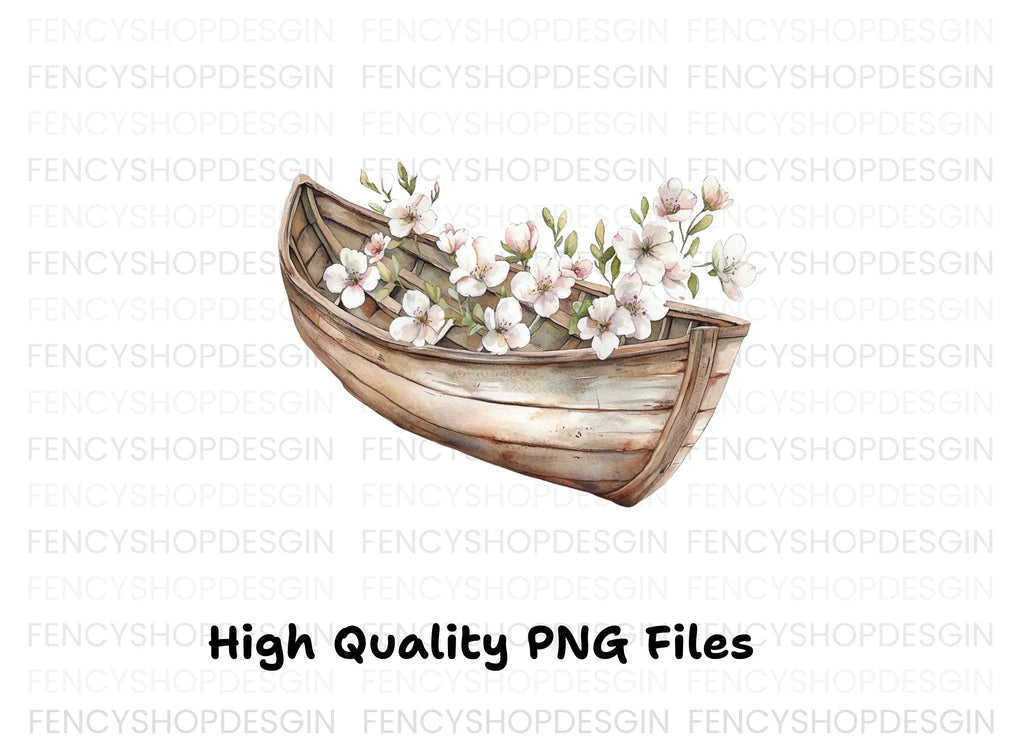 Small Wooden Boat with Pink Flowers Clipart Bundle