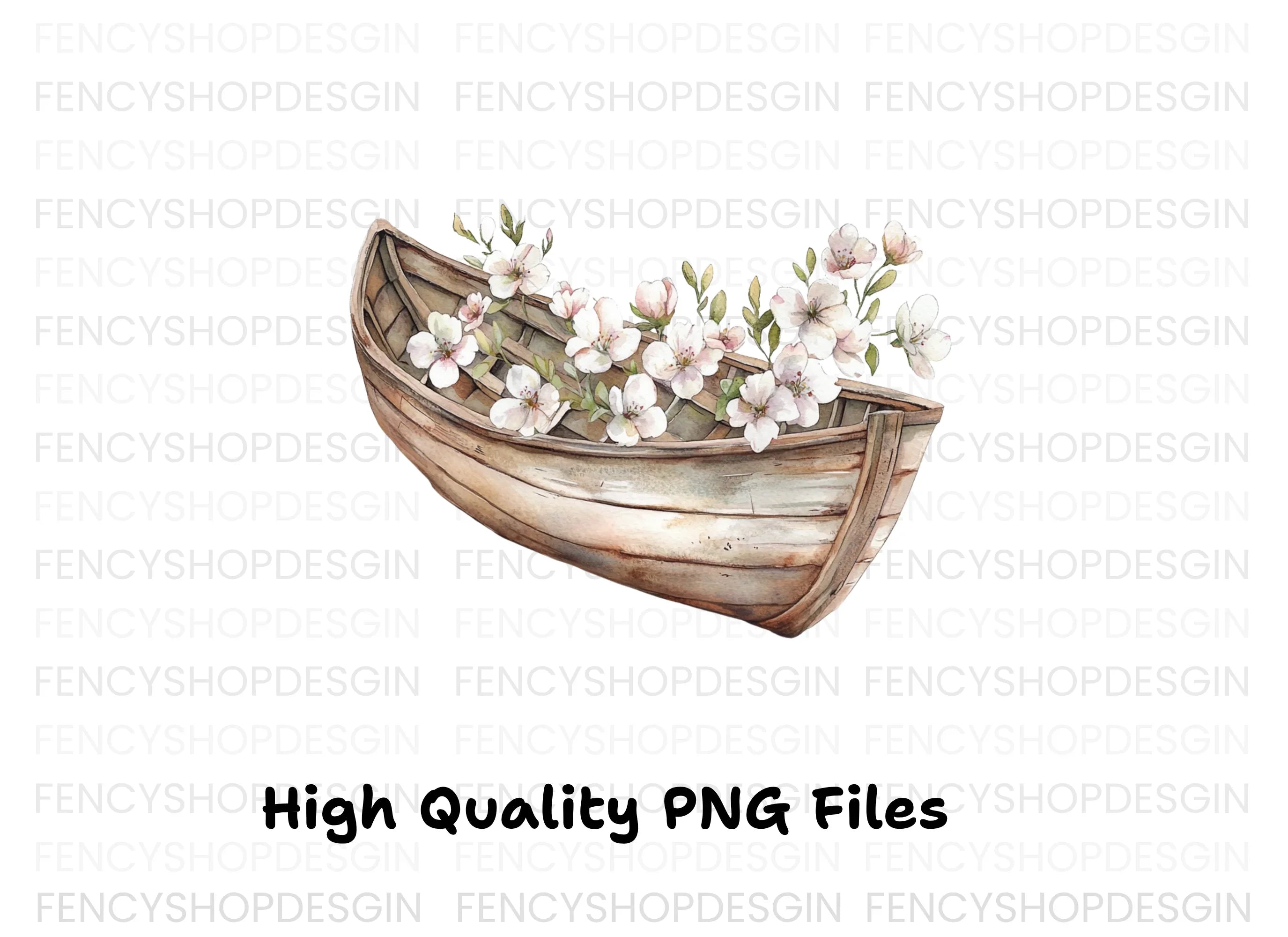 Small Wooden Boat with Pink Flowers Clipart Bundle