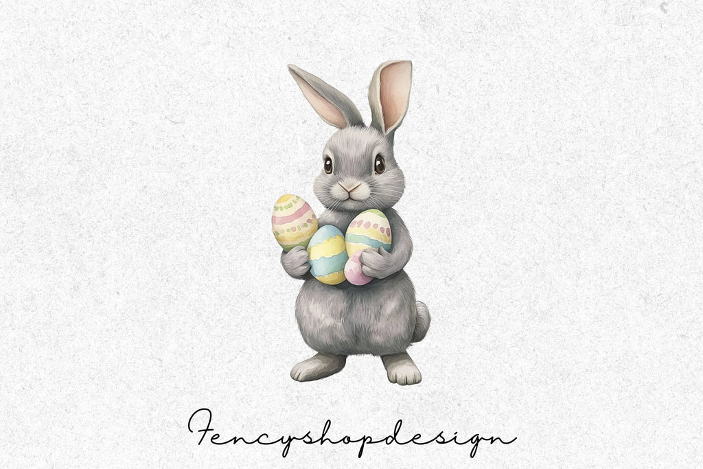 Cute Easter Bunnies with Colorful Eggs Clipart Bundle
