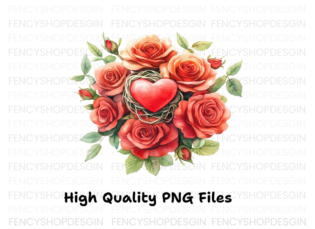 Romantic Rose Bouquets with Heart Clipart Bundle