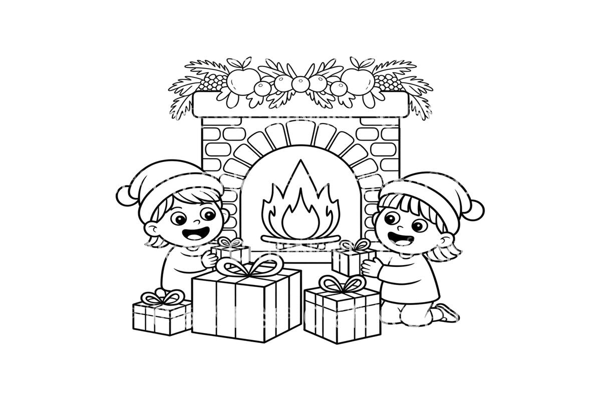 Christmas Kids and Fireplace Coloring Books