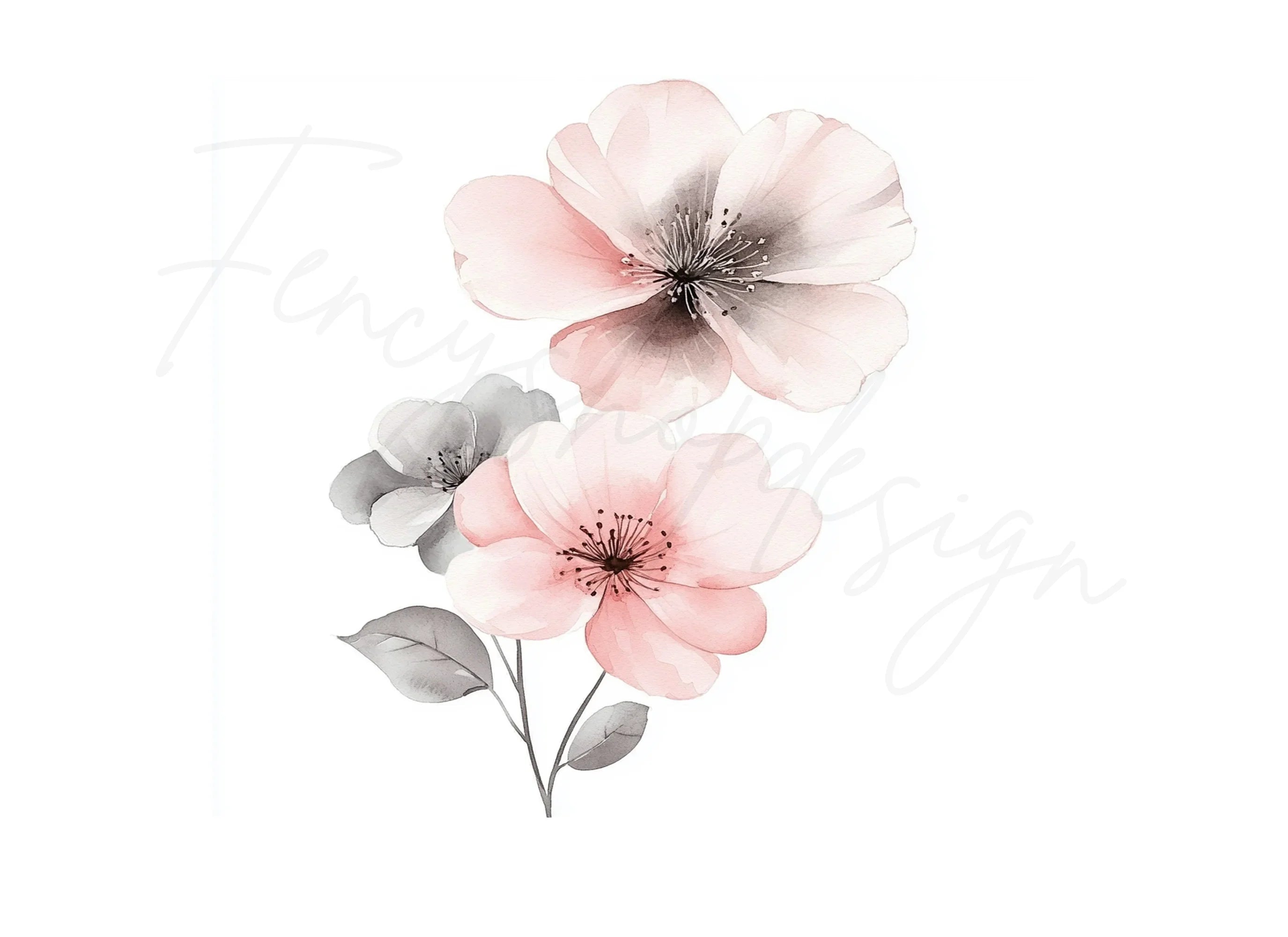 Soft Pink and Grey Flowers Clipart Bundle