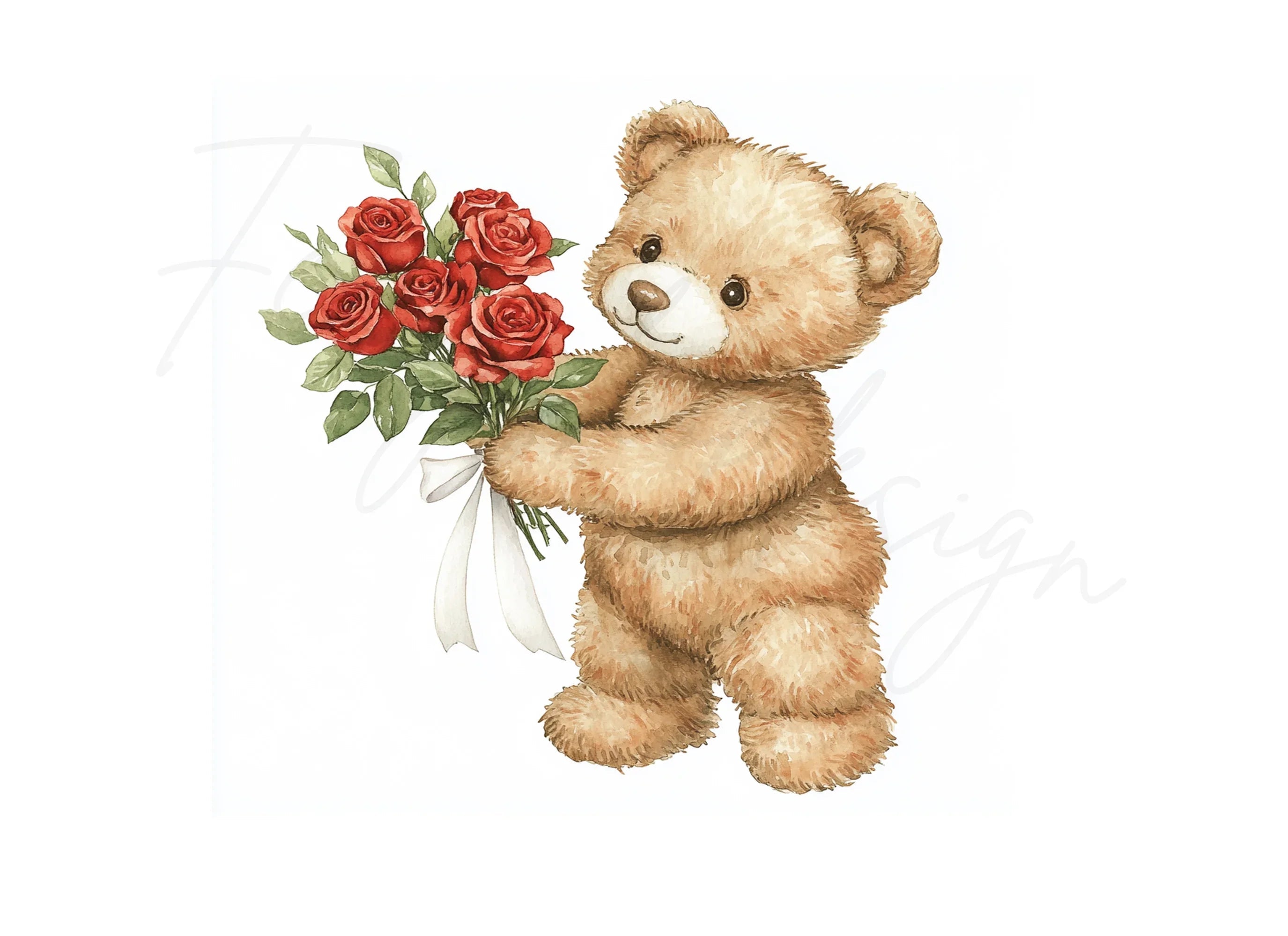 Cute Teddy Bear with Red Roses Clipart Bundle