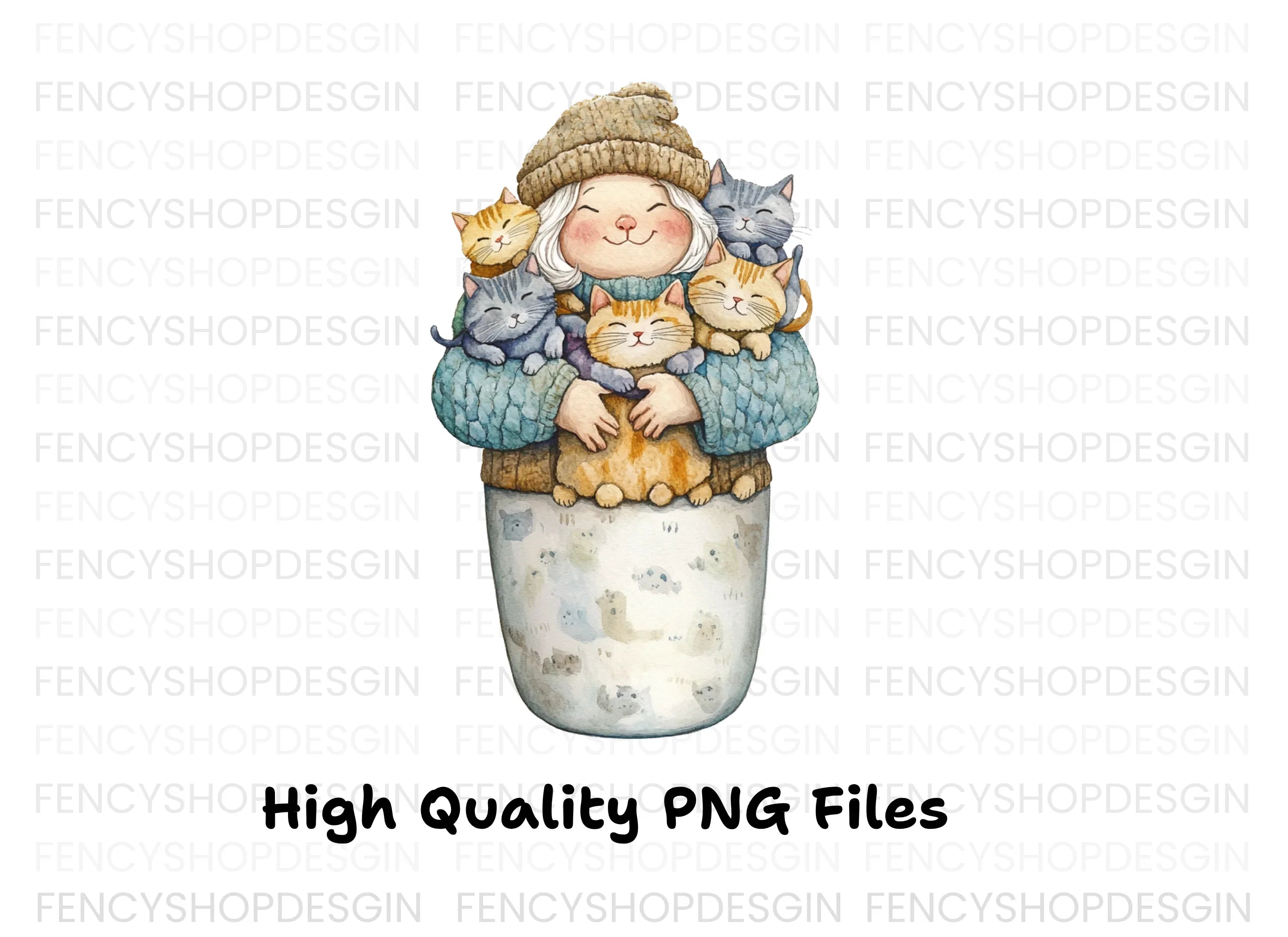 Cozy Girl with Many Cats Clipart Bundle