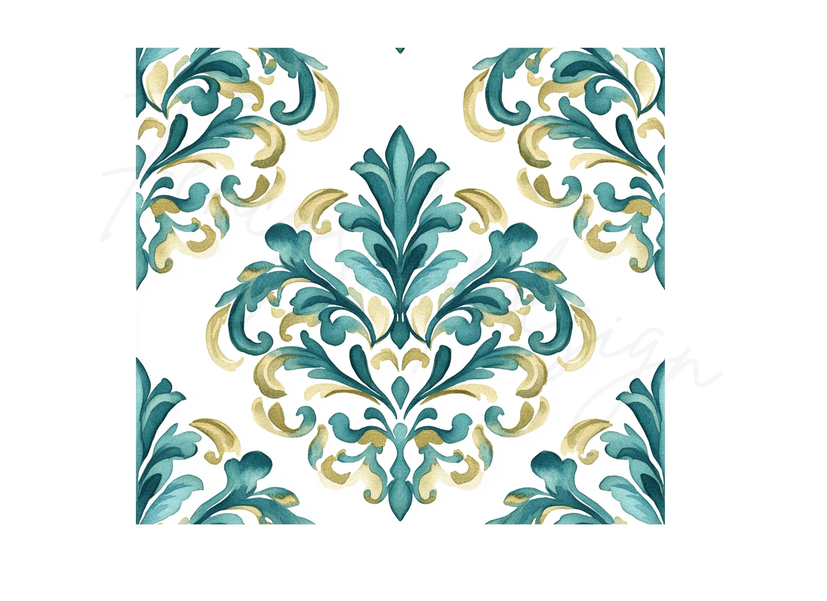 Elegant Teal Gold Damask Pattern Clipart Bundle