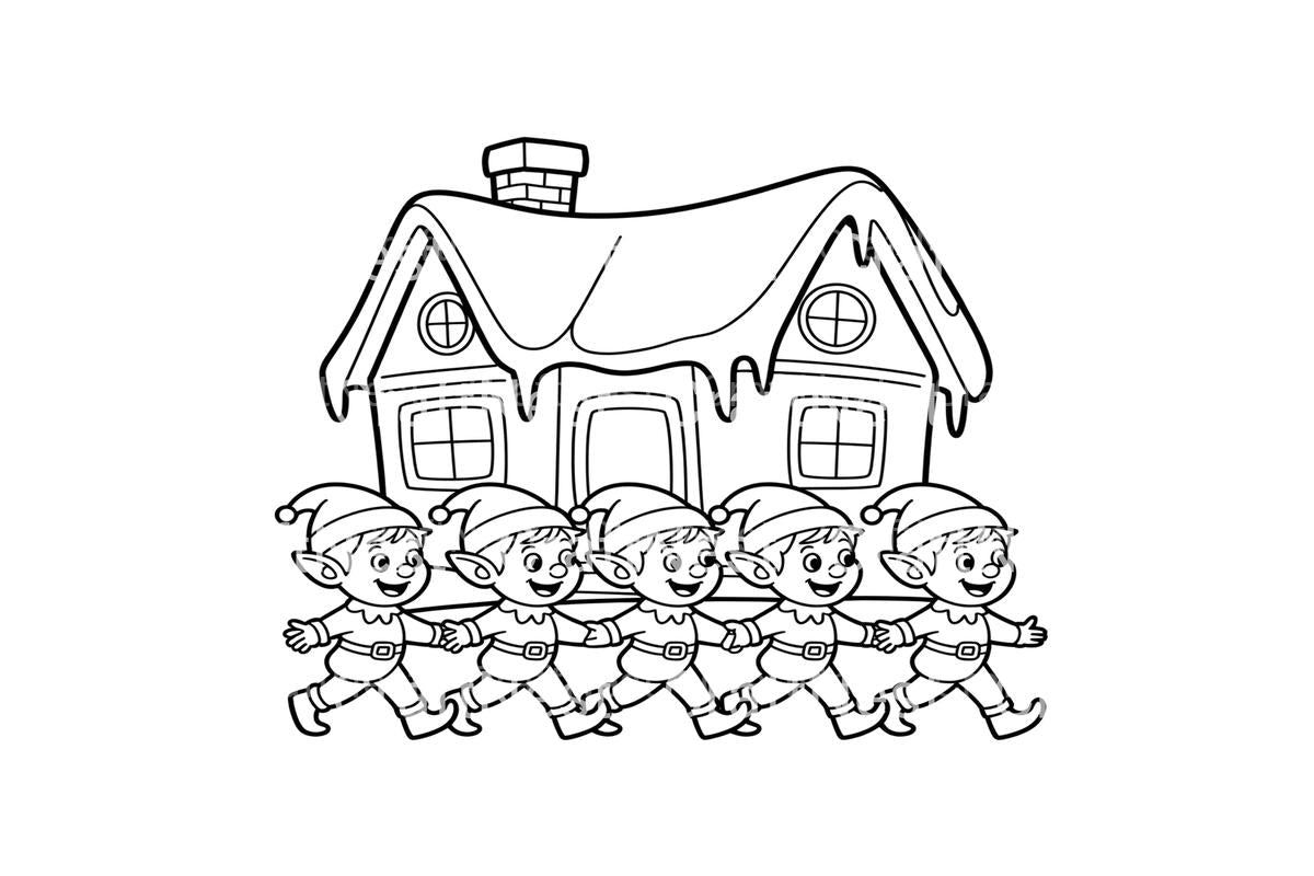 Christmas Elves and Snowy House Coloring Books