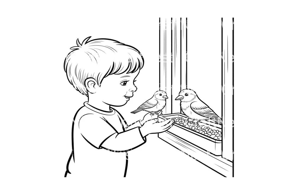 Boy Feeding Birds in Winter Coloring Books