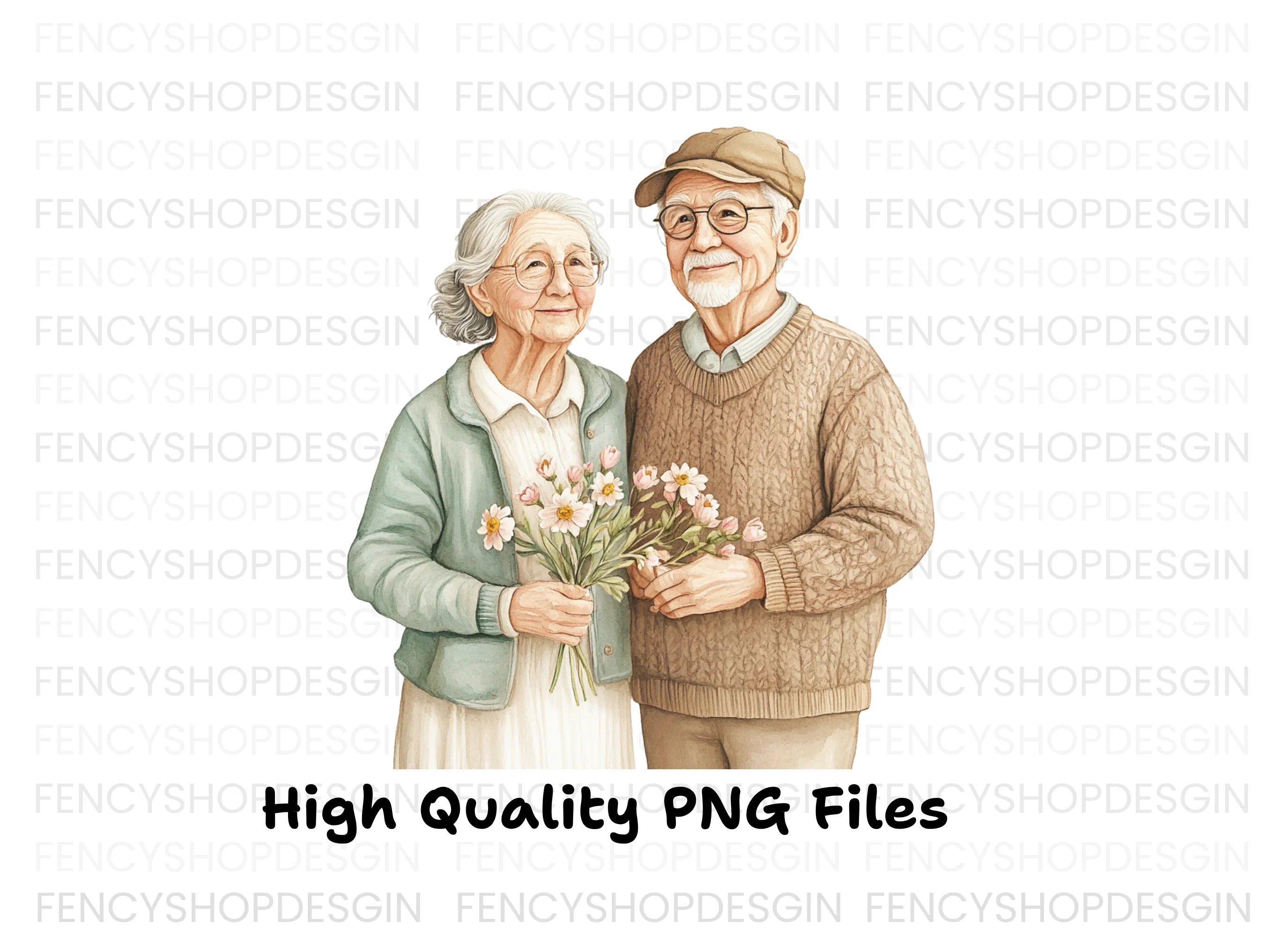 Senior Couples Holding Flowers Clipart Bundle