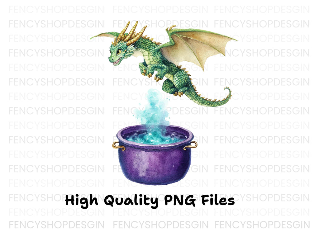 Green Dragon Flying Over Cauldron Clipart Bundle