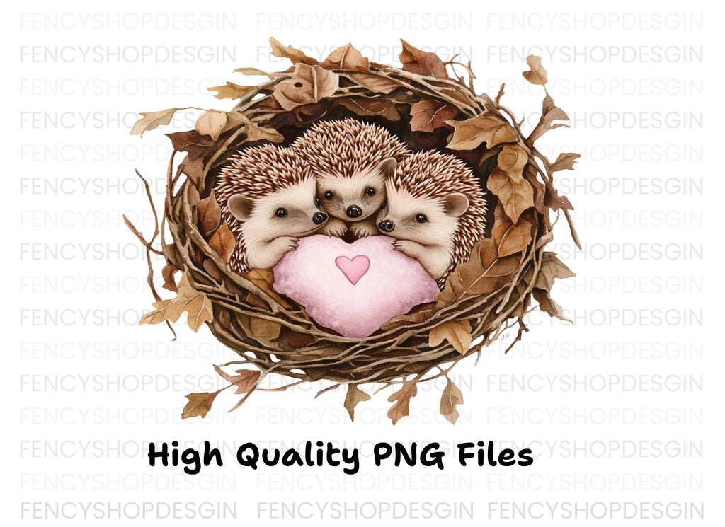Cute Hedgehogs in Nests with Hearts Clipart Bundle