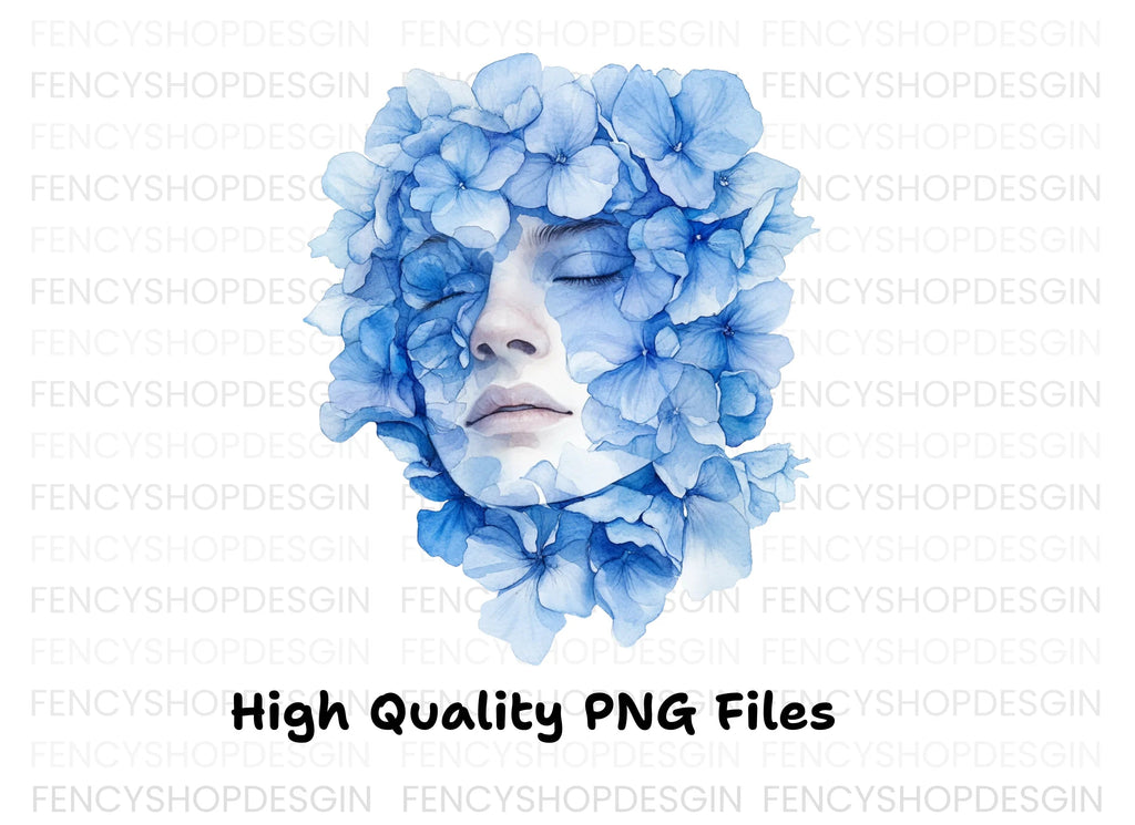 Blue Hydrangea Woman Face Clipart Bundle