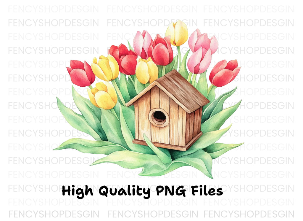 Birdhouse and Tulip Clipart Bundle