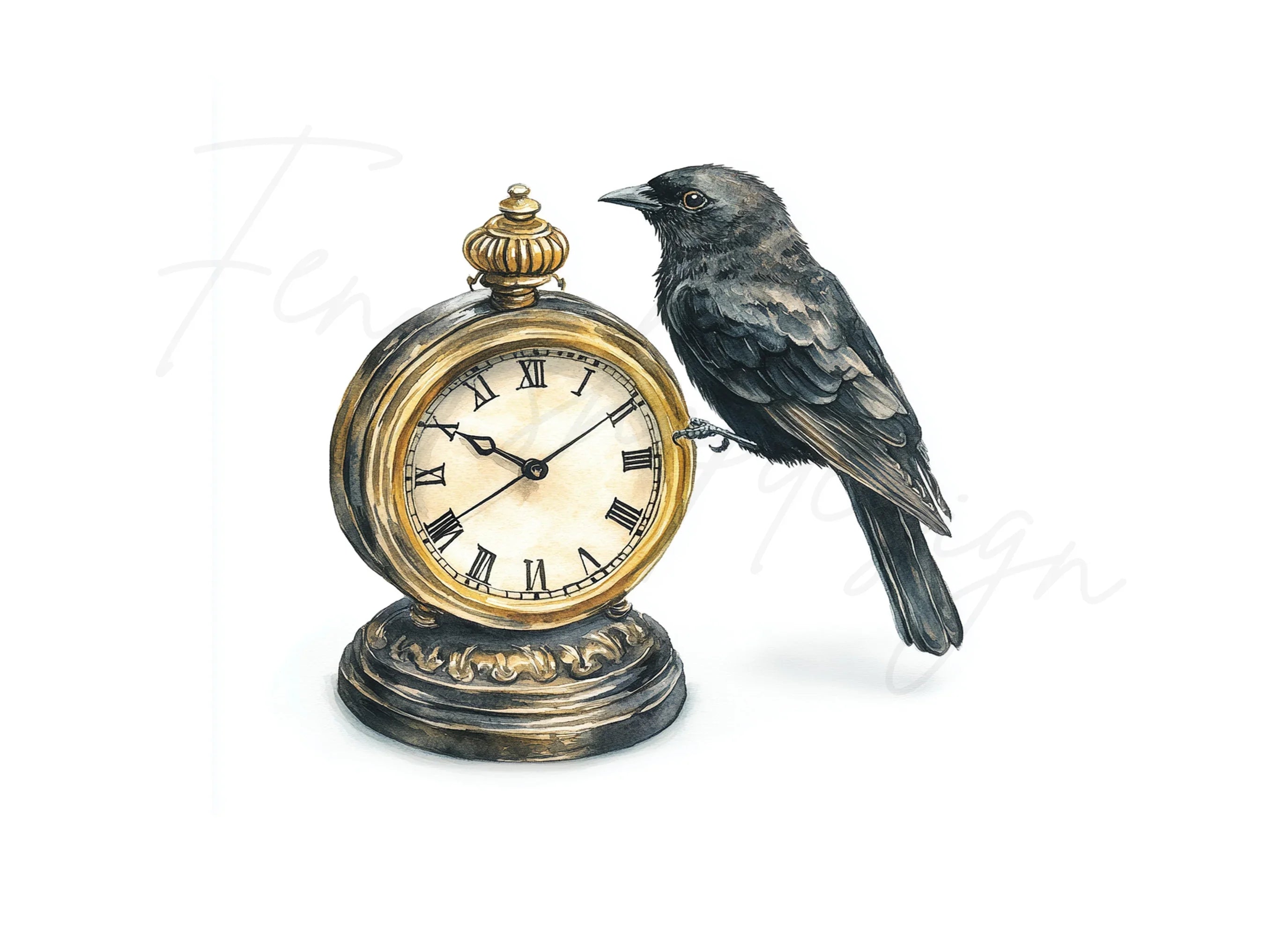 Vintage Raven Clock Clipart Bundle