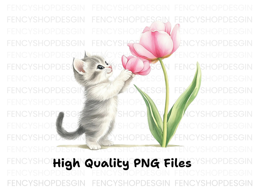 Cute Kitten with Pink Tulip Clipart Bundle