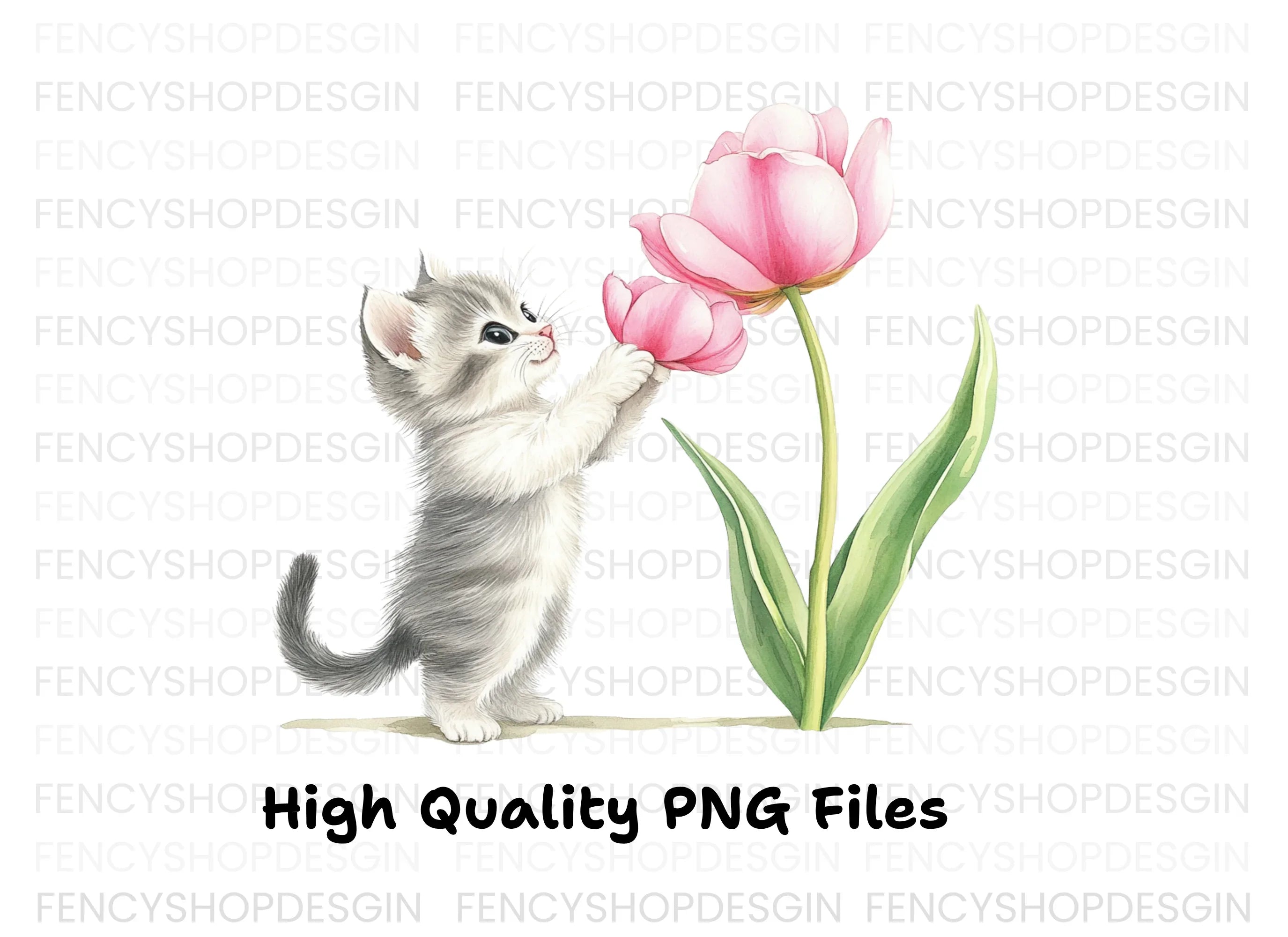 Cute Kitten with Pink Tulip Clipart Bundle