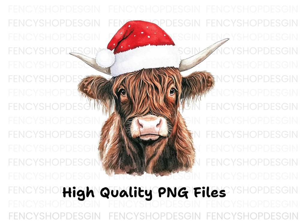 Cute Highland Cow with Santa Hat Clipart Bundle