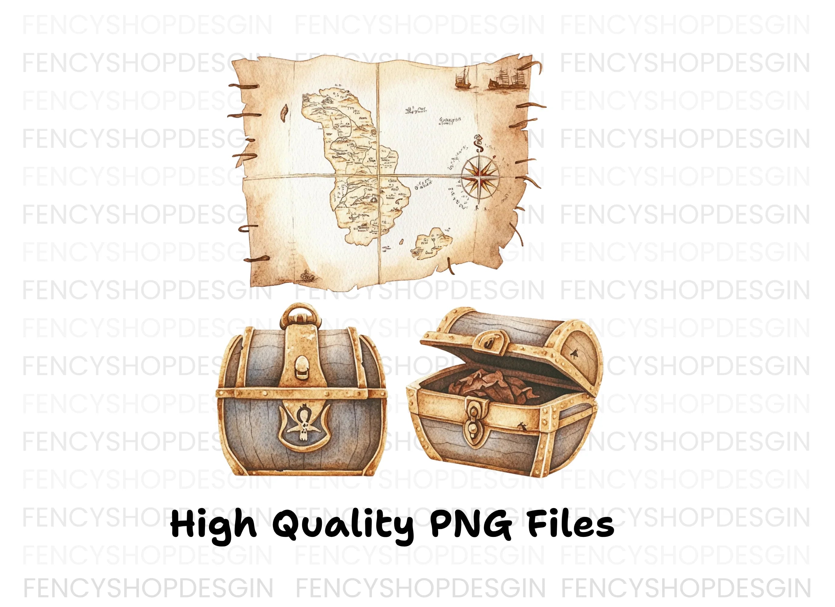 Pirate Treasure Map and Chests Clipart Bundle