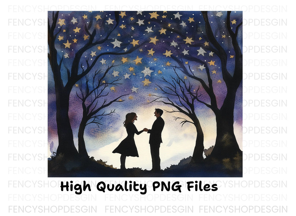 Romantic Couple Under Starry Trees Clipart Bundle